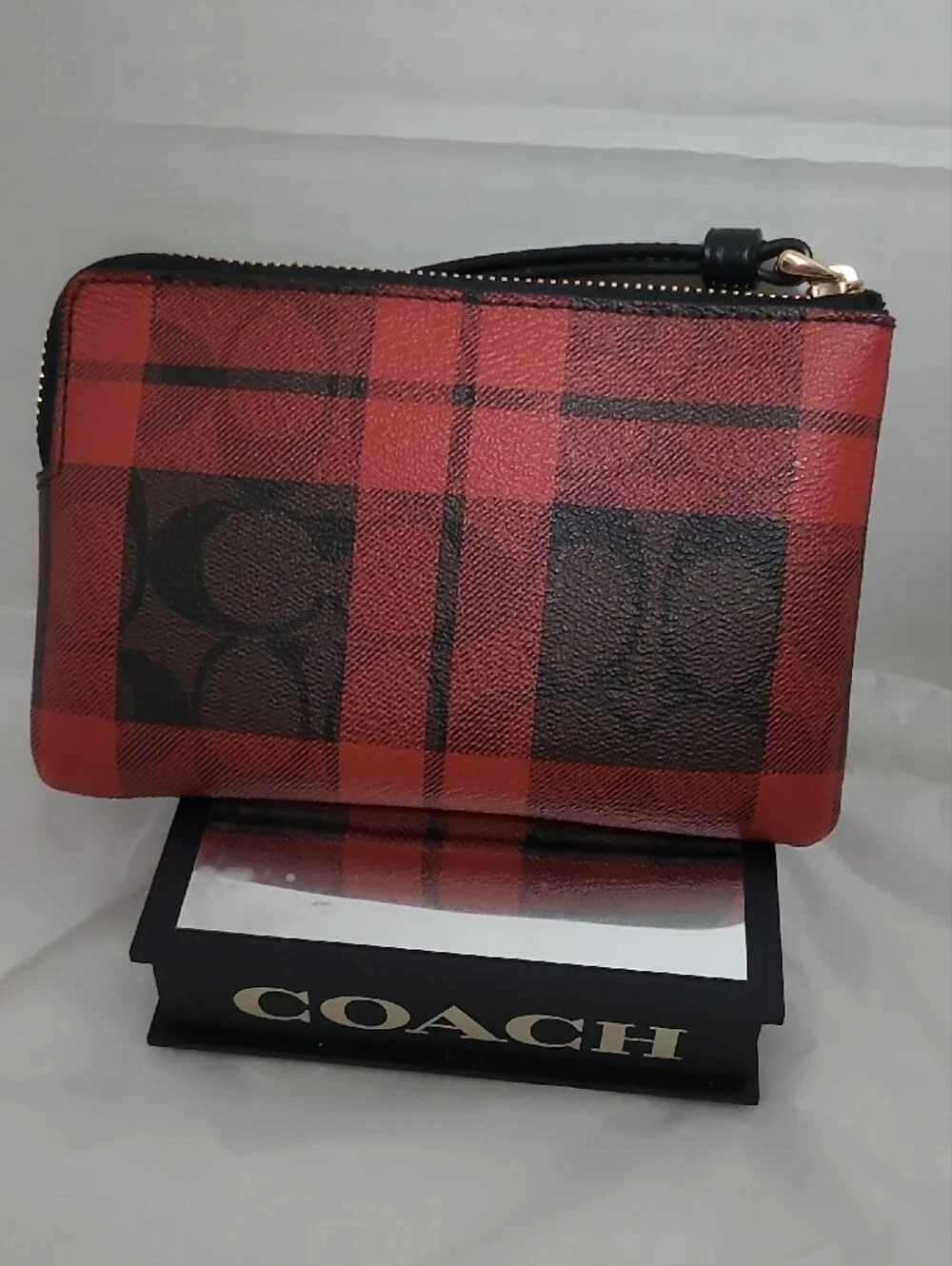 Coach Red and Black Plaid Wristlet with Gold Logo